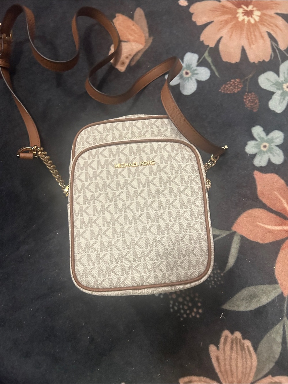 Michael Kors Beige Signature MK Crossbody with Brown Trim